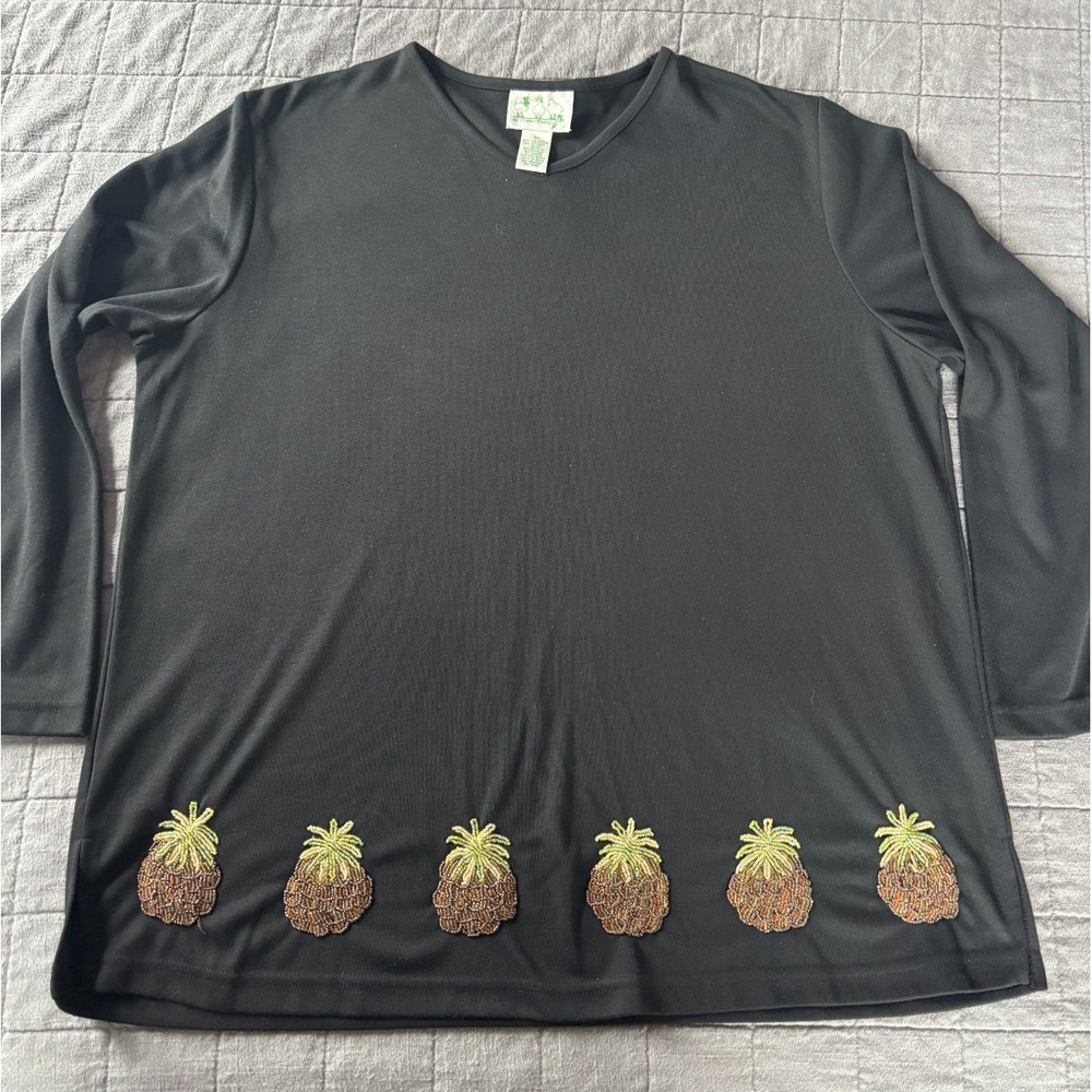 The Quacker Factory Women's Tunic 3/4 sleeve Black with Beaded Pineapples 1x EUC